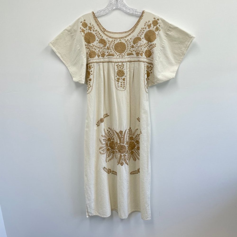 Vintage White Midi Dress with Tan Embroidery